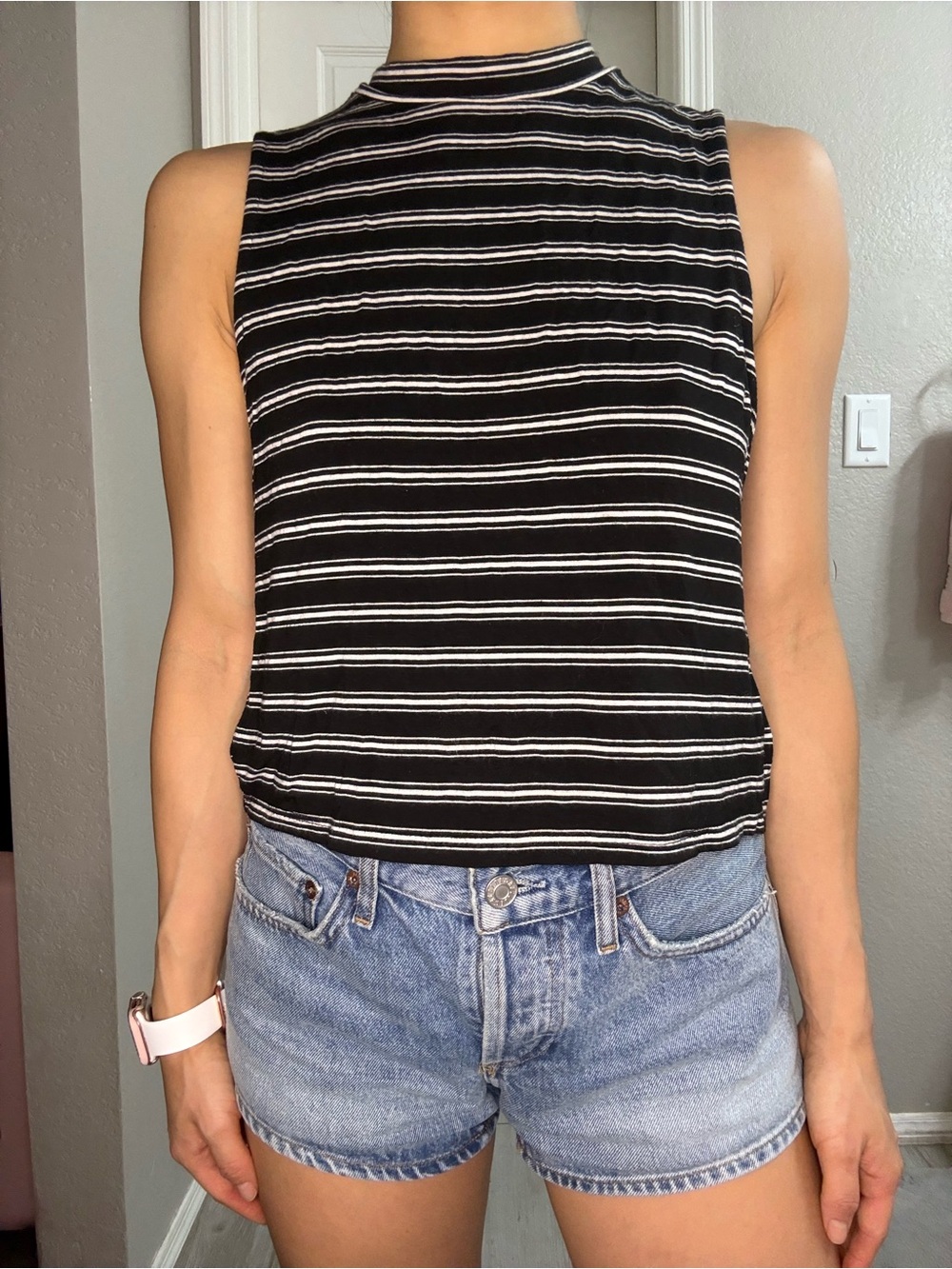 Sleeveless Black & White Striped Mock Neck Tank Top